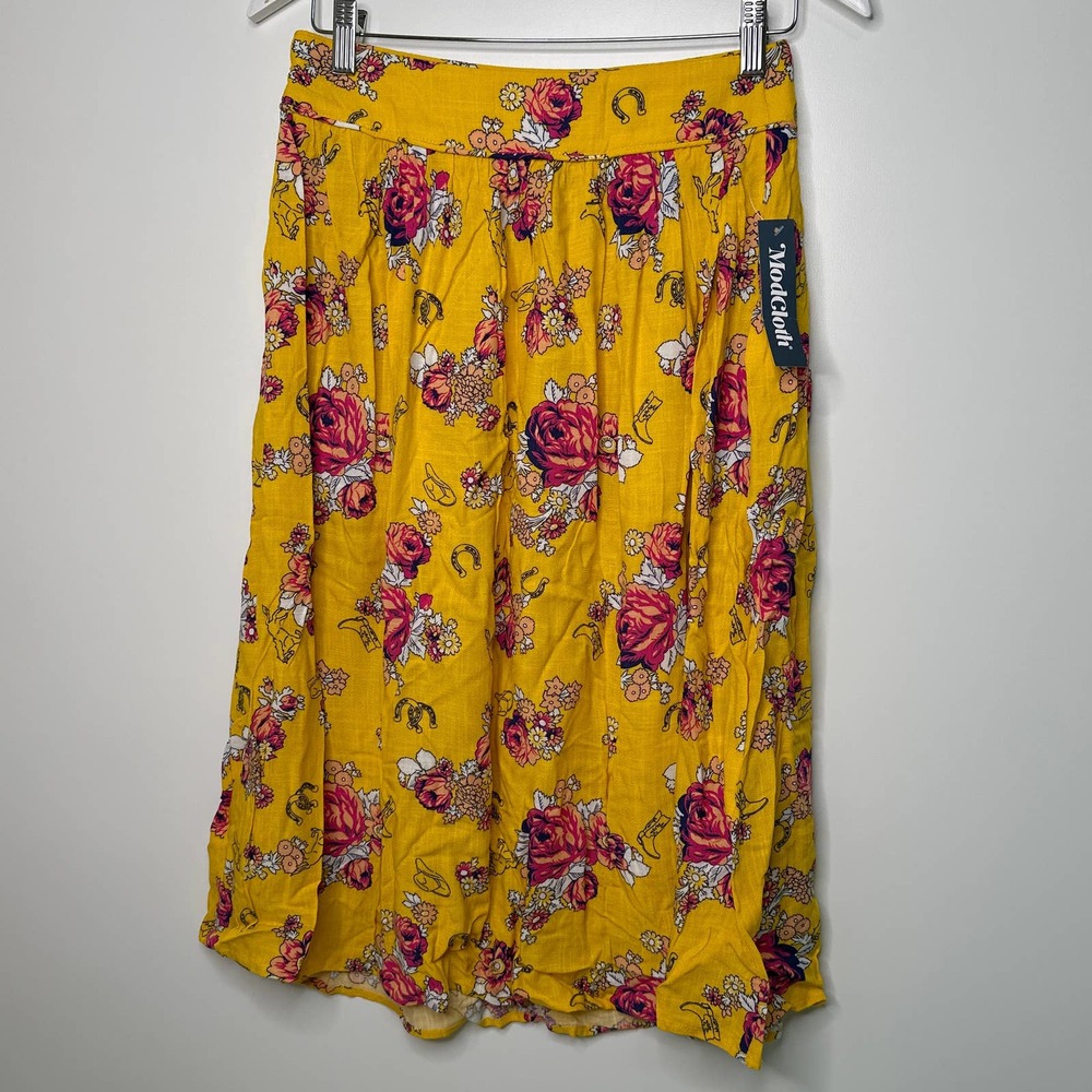 NWT Modcloth Women's Horseshoes and Flowers Skirt Yellow Pink Size 8